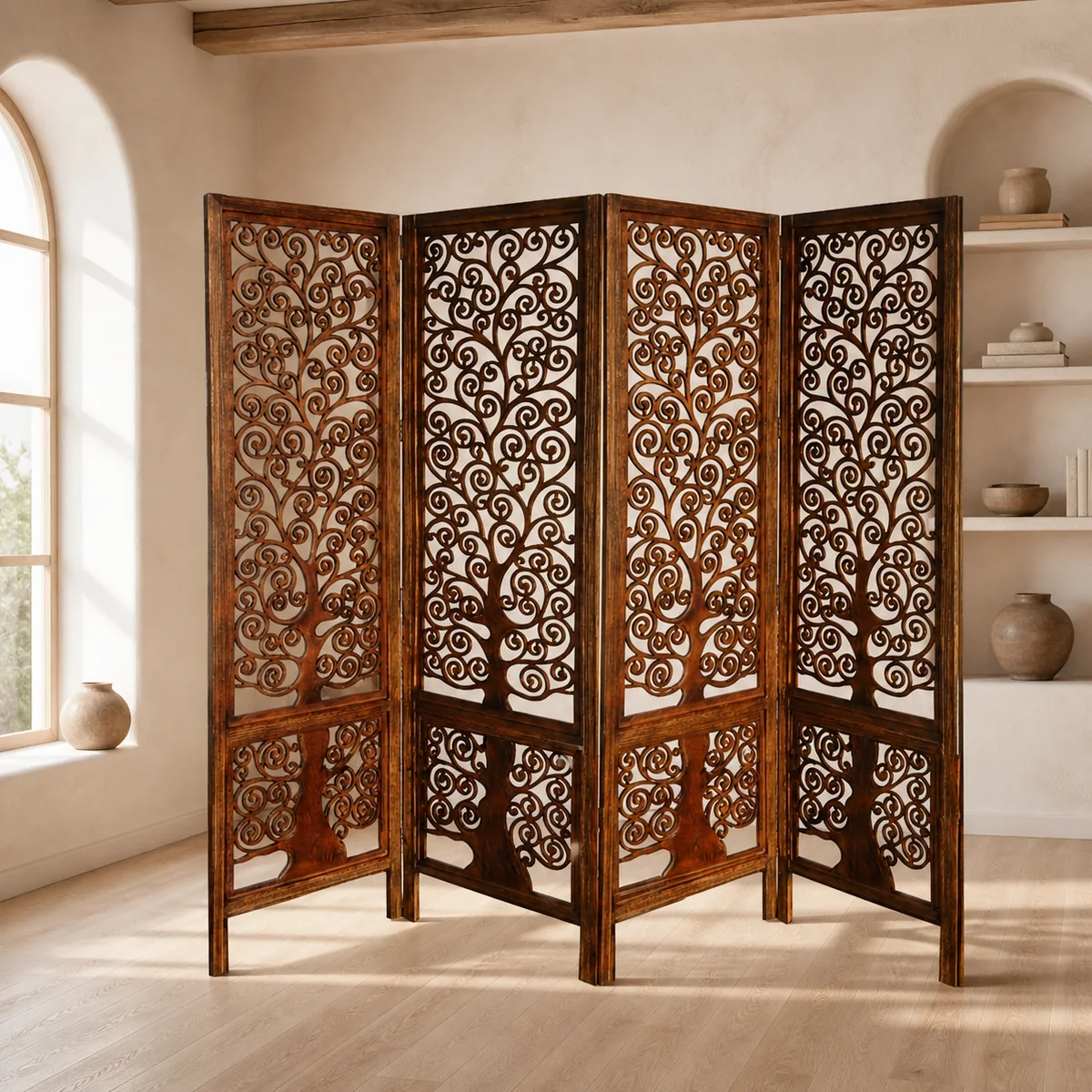 Acacia Scrollwork Room Screen staged in a sunlit reading room.