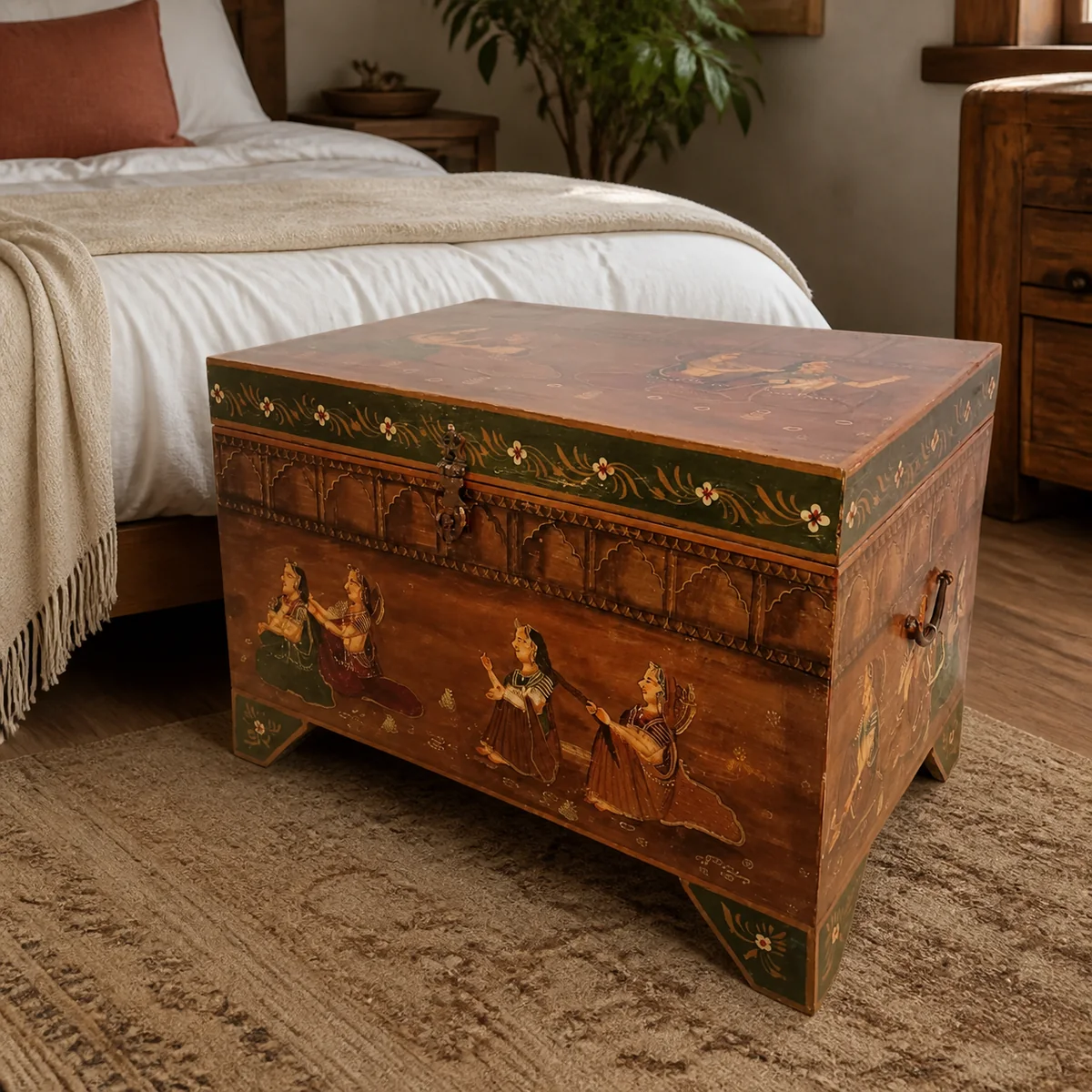 Namaqua Painted Storage Chest staged in a eclectic bedroom.