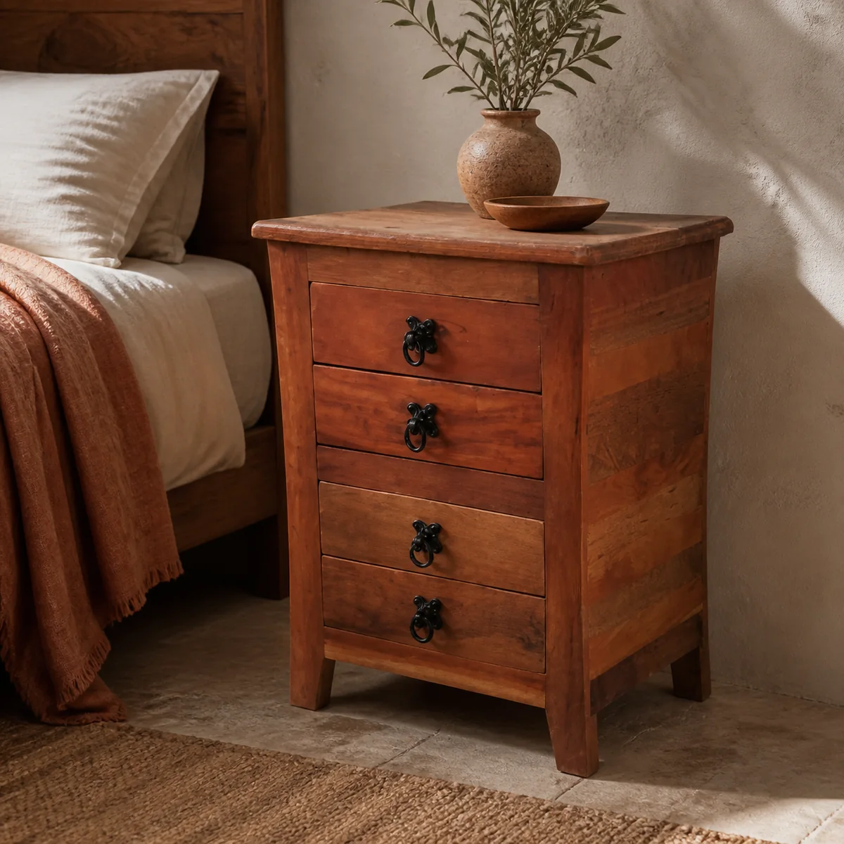 Kavango Drawer Bedside staged in a warm-plaster bedroom.