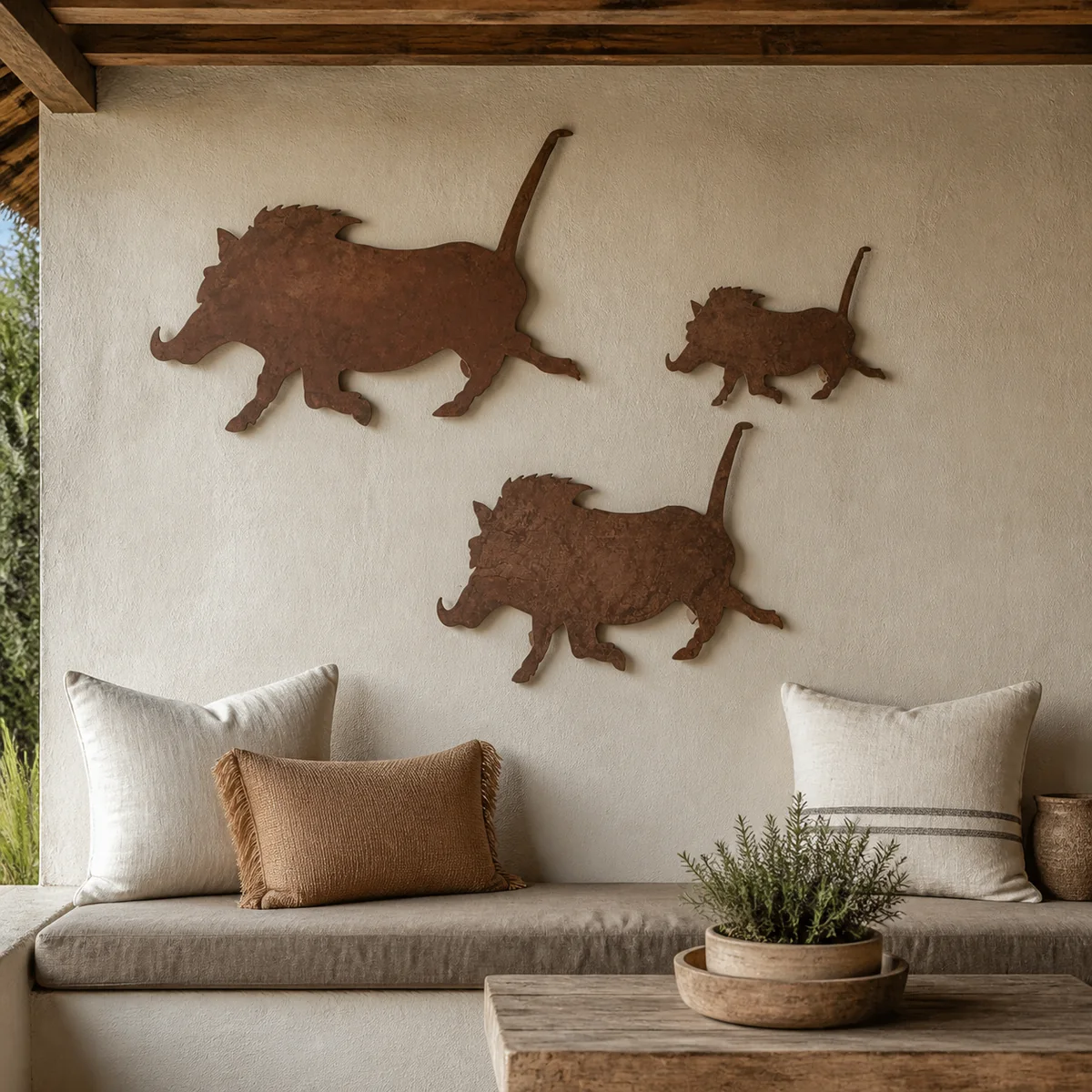 Damaraland Warthog Wall Trio staged in a sheltered veranda.